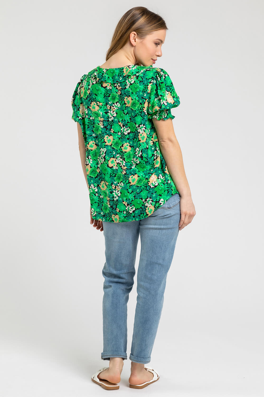 Green Petite Floral Print Frill Detail Top, Image 2 of 4