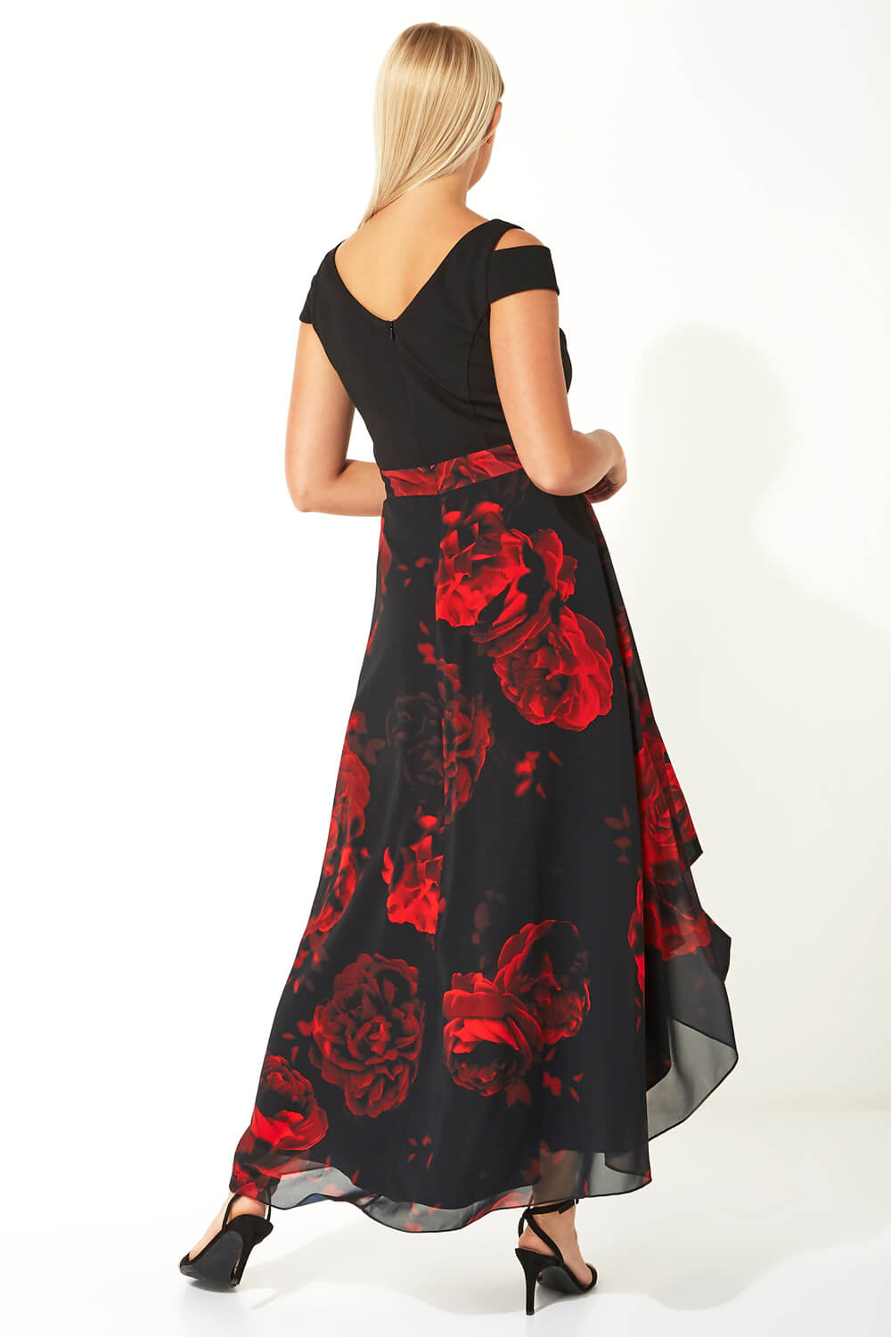 Black Floral Print Cold Shoulder Maxi Dress, Image 2 of 4