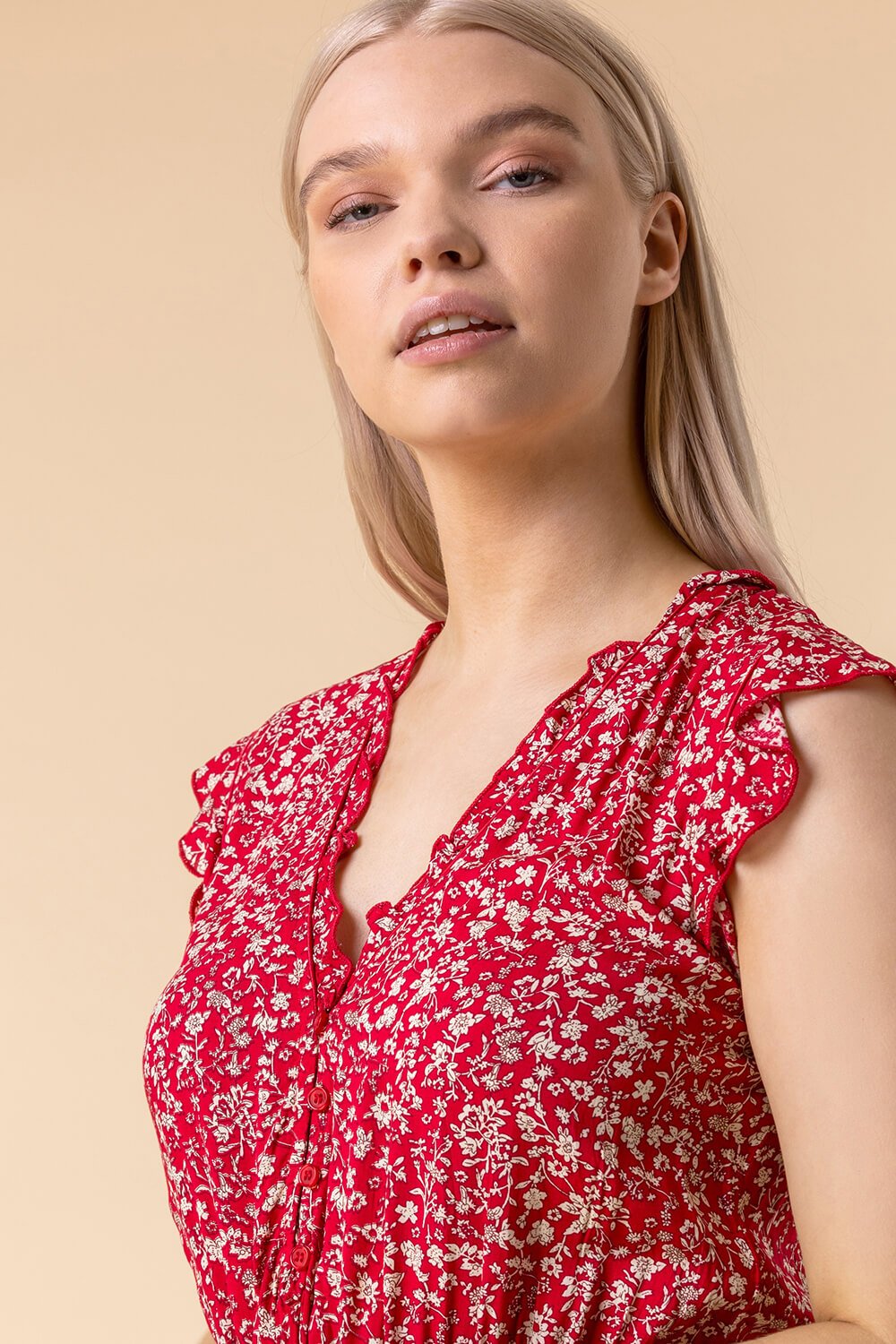 Red Floral Wrap Frill Dress, Image 4 of 5