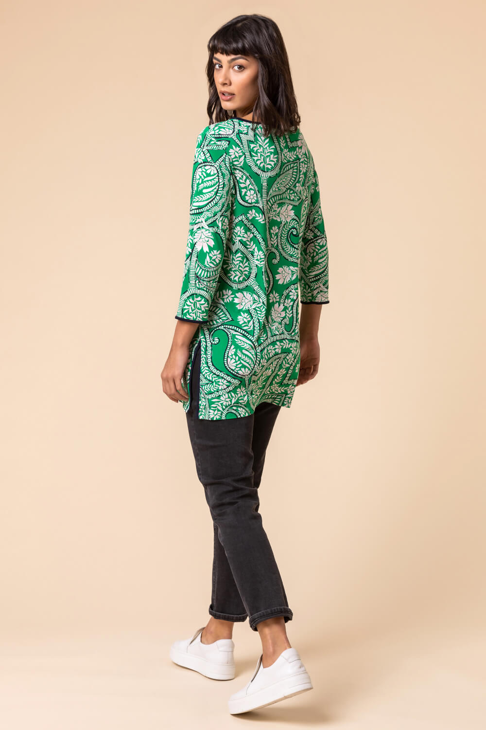 Green Paisley Print Contrast Trim Tunic Top, Image 2 of 4