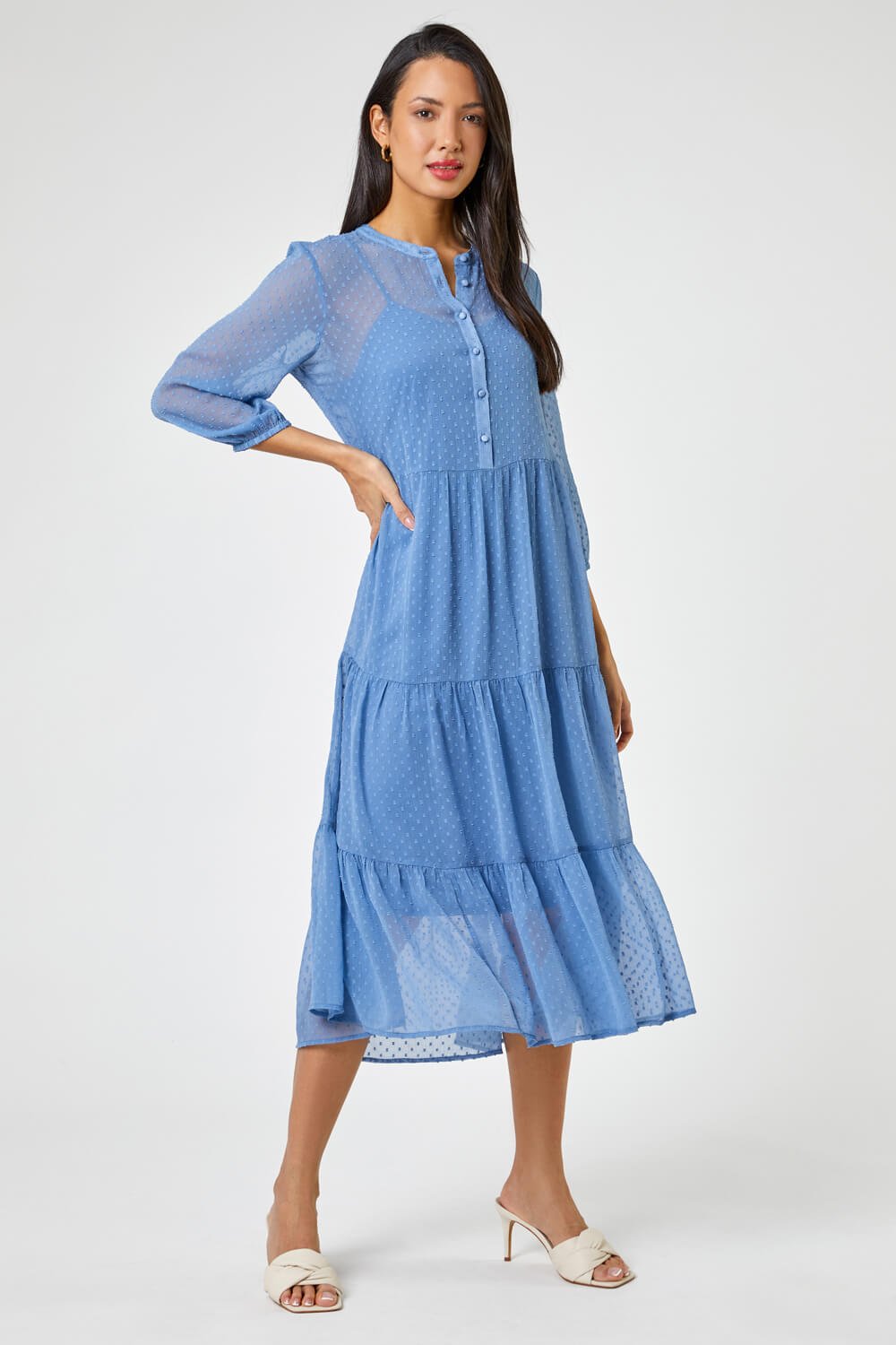 Sky Blue Textured Spot Print Tiered Midi Dress, Image 2 of 5
