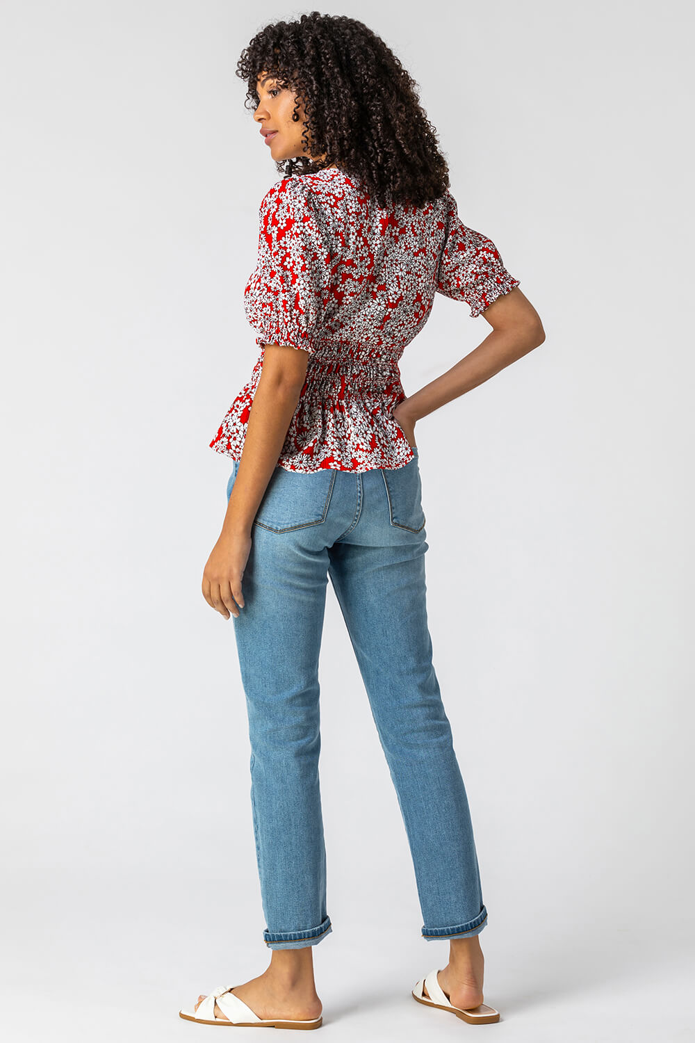 Red Shirred Bodice Floral Crinkle Top, Image 2 of 5