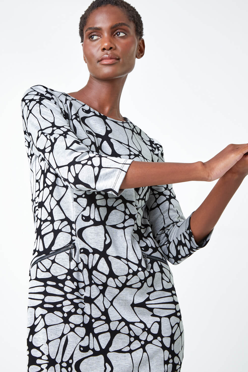 Grey Linear Print Shift Dress, Image 4 of 5