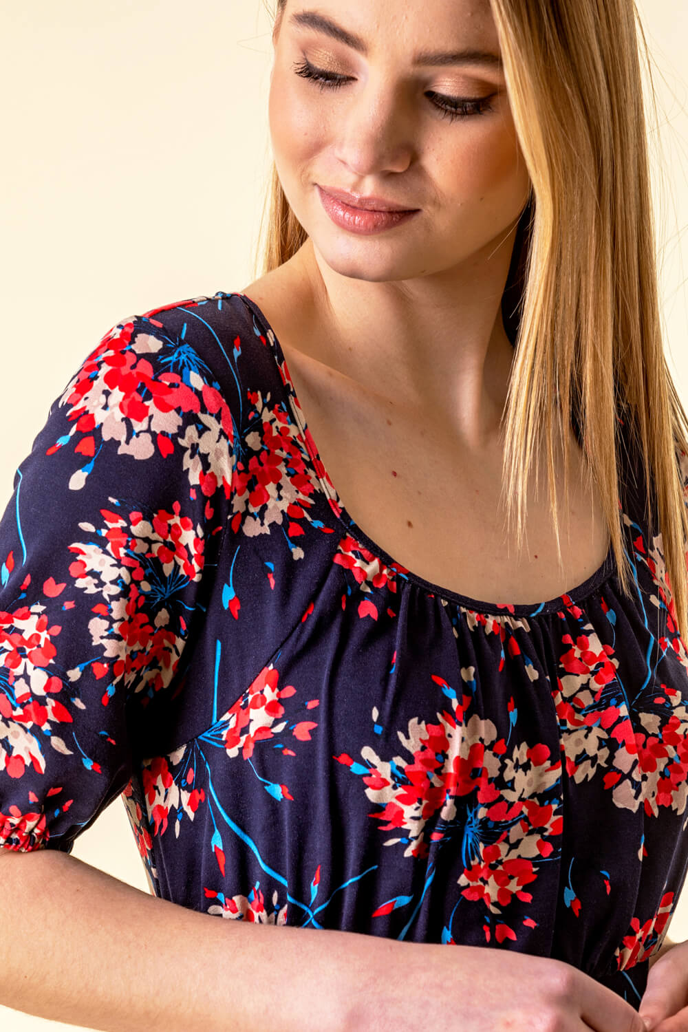 Navy  Gathered Front Floral Top, Image 4 of 4