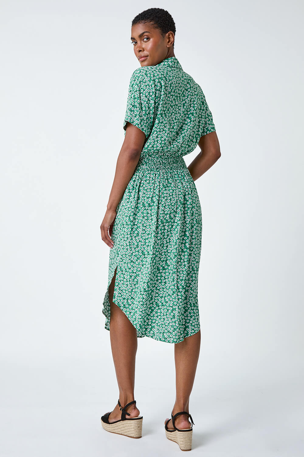 Green Ditsy Floral Print Shirt Dress, Image 3 of 5