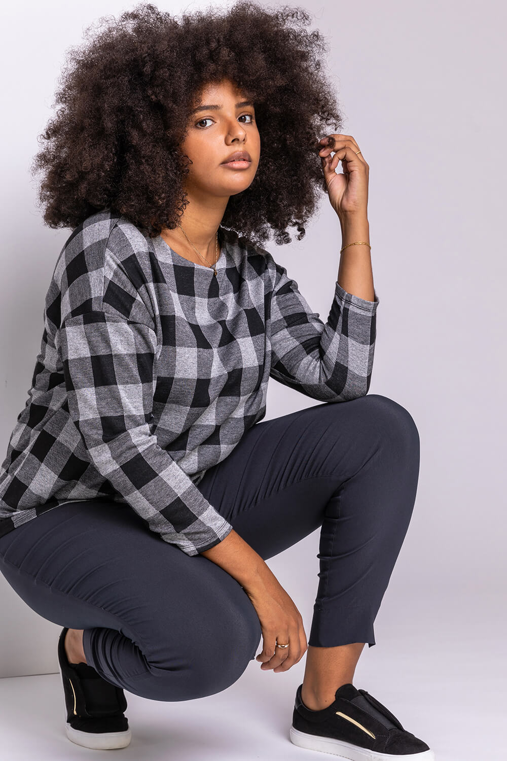 Grey Curve Check Print Long Sleeve Top, Image 5 of 5