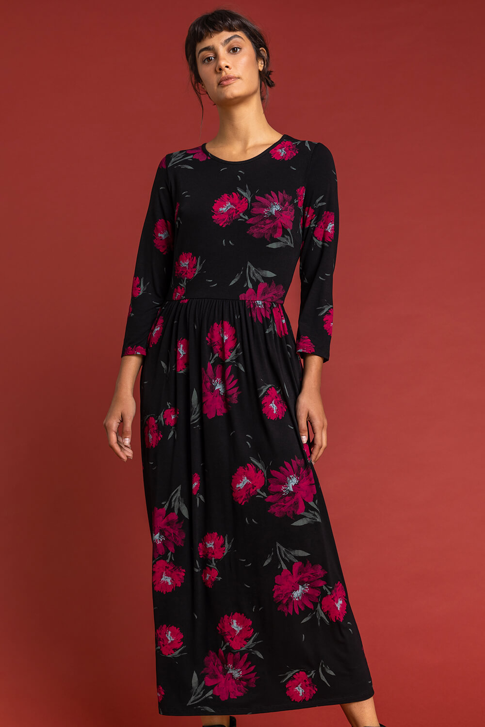Floral Print Gathered Midi Dress in Black - Roman Originals UK