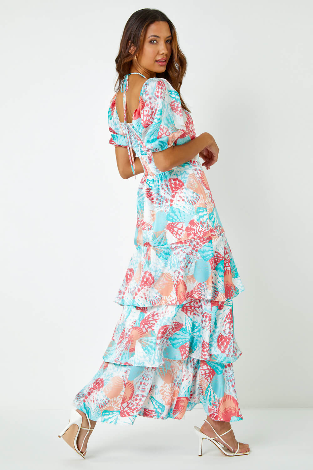 Turquoise Puff Sleeve Tiered Maxi Dress, Image 3 of 5