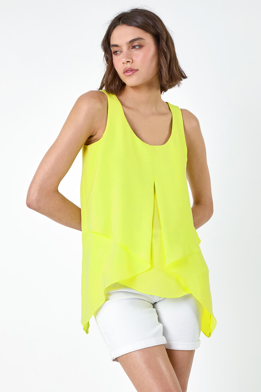 Bright Yellow Asymmetric Sleeveless Vest Top, Image 4 of 5
