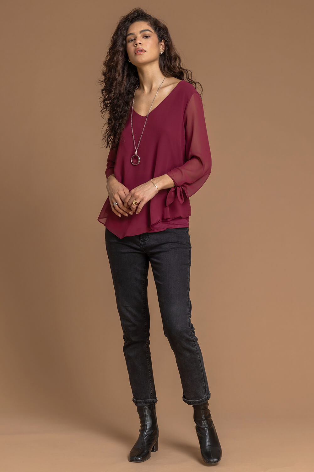Wine Necklace Trim Jersey 3/4 Sleeve Chiffon Top, Image 3 of 4
