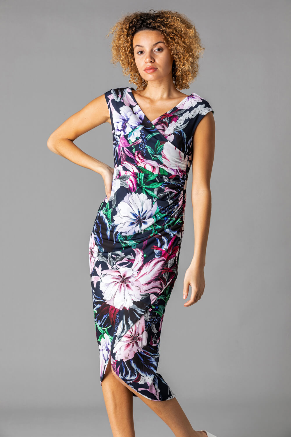 Navy  Floral Print Ruched Wrap Dress, Image 1 of 4