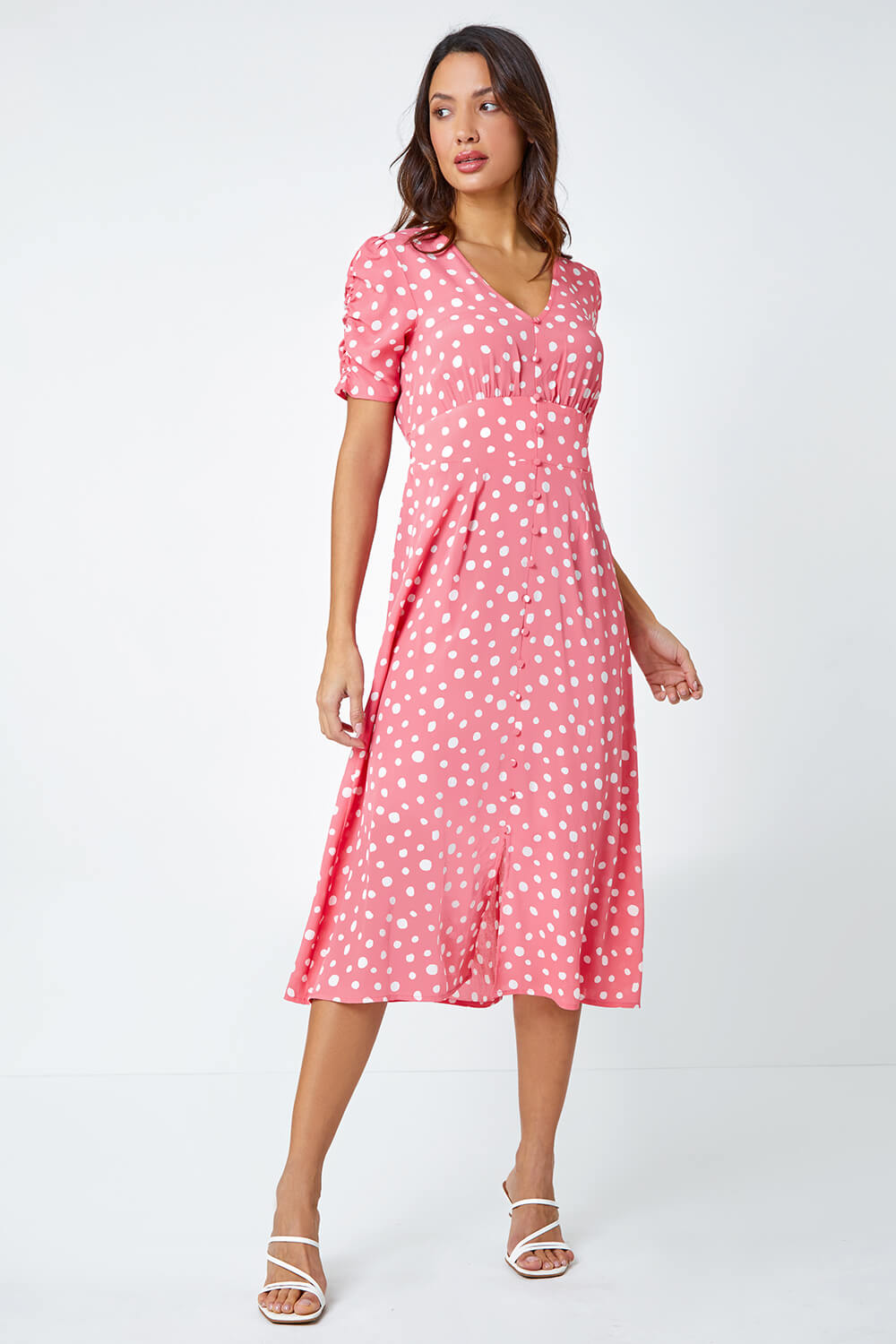 PINK Polka Dot Ruched Sleeve Midi Dress, Image 2 of 5
