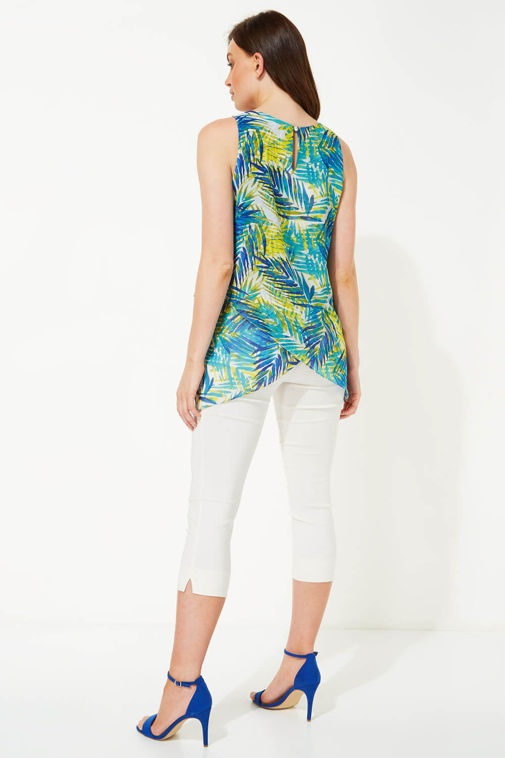 Blue Tropical Print Asymmetric Chiffon Vest Top, Image 3 of 4