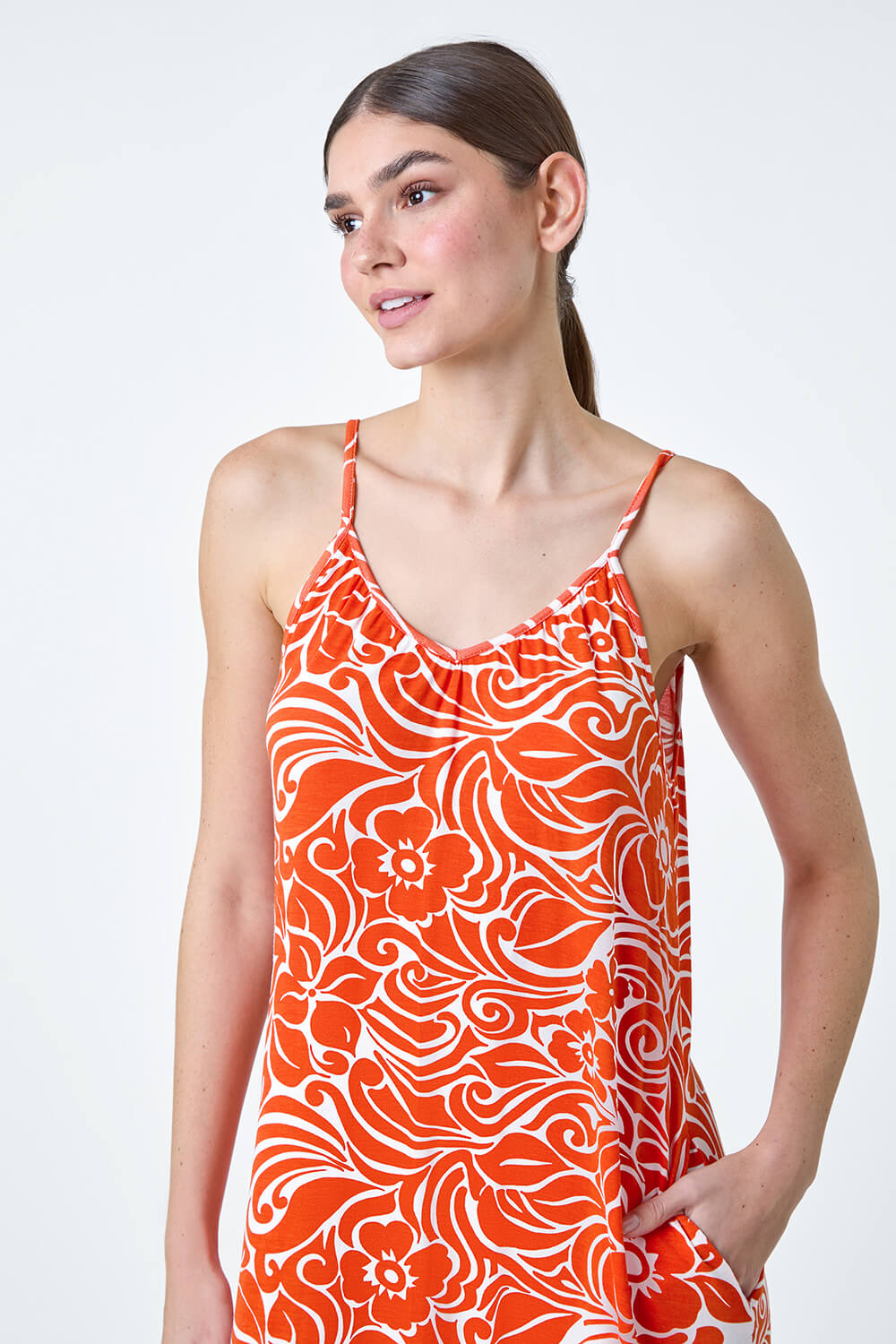 ORANGE Abstract Strappy Swing Stretch Midi Dress, Image 4 of 5