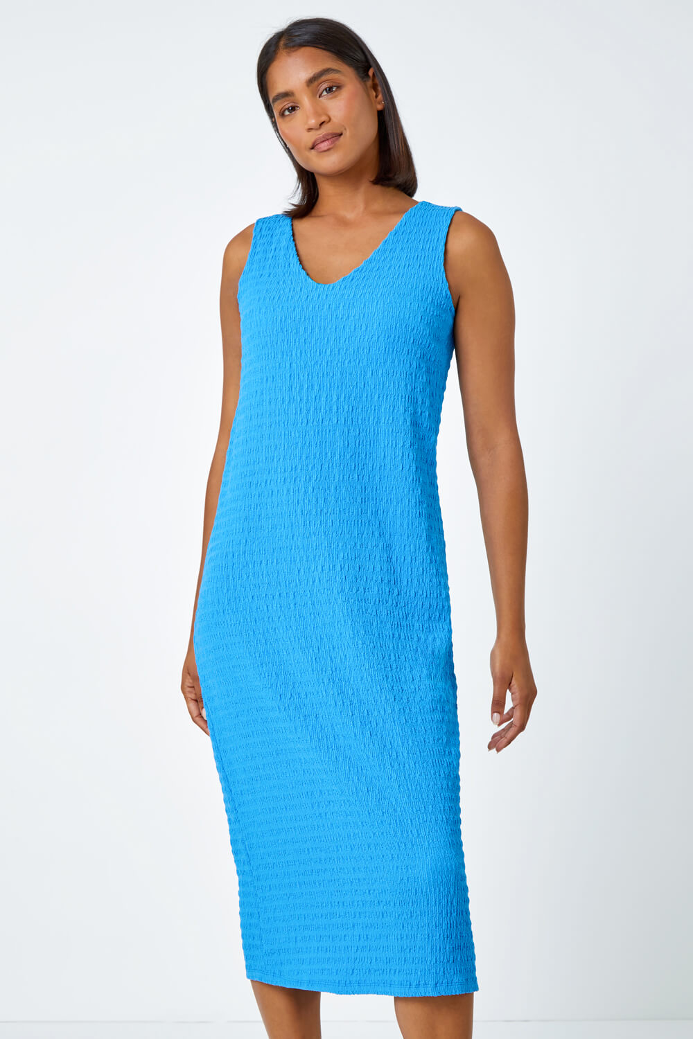 Turquoise Sleeveless Textured Midi Stretch Dress | Roman UK