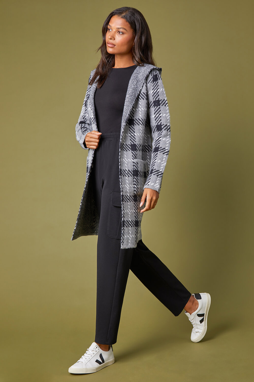 Grey Check Longline Hooded Cardigan, Image 6 of 7