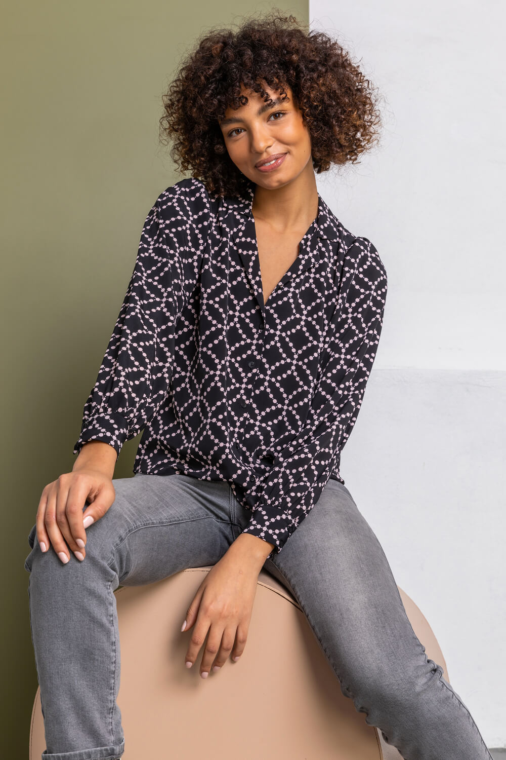 Black Spot Print Buttoned Blouse, Image 5 of 5