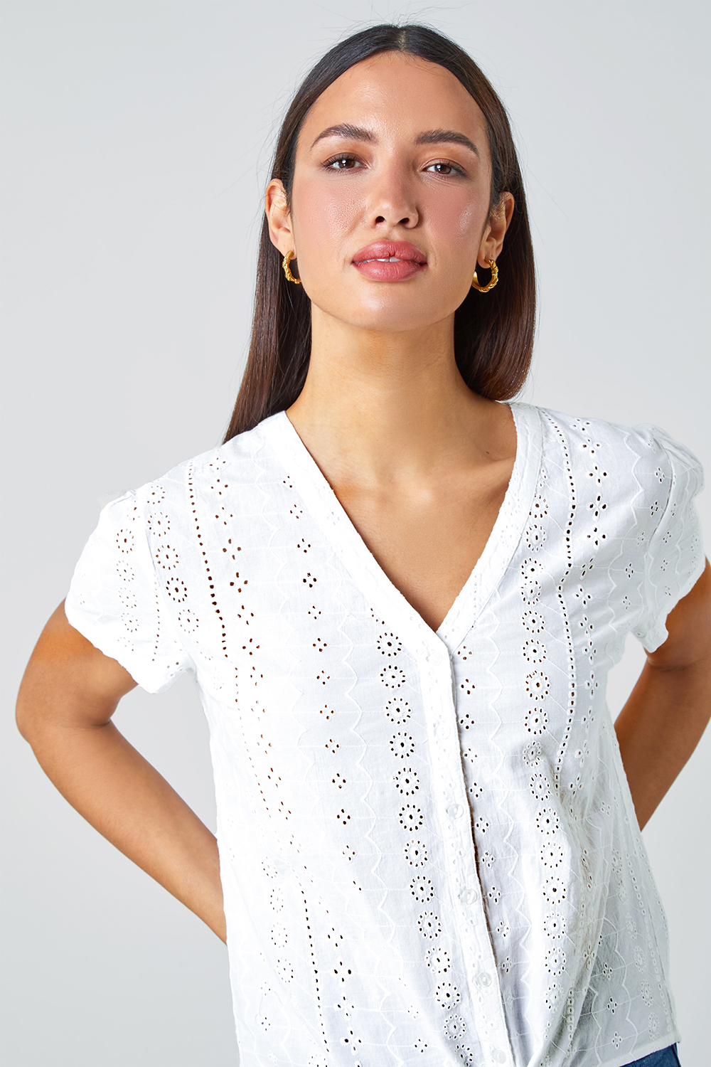 White Tie Front Cotton Broderie T-Shirt, Image 4 of 5