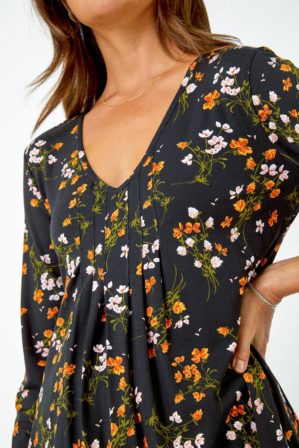 Black Floral Print Swing Stretch Top, Image 5 of 5