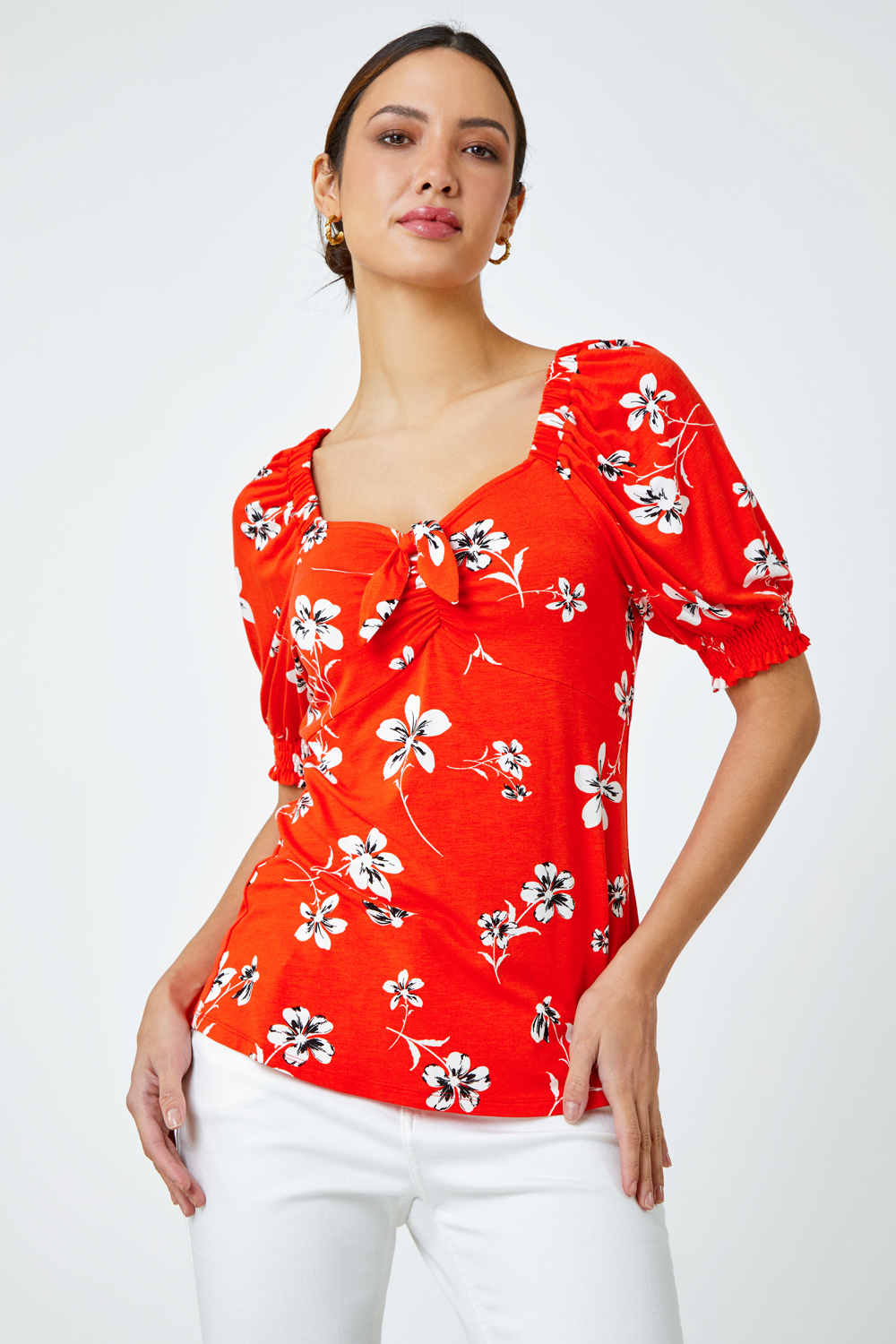 Red Floral Print Tie Detail Jersey Top, Image 2 of 5