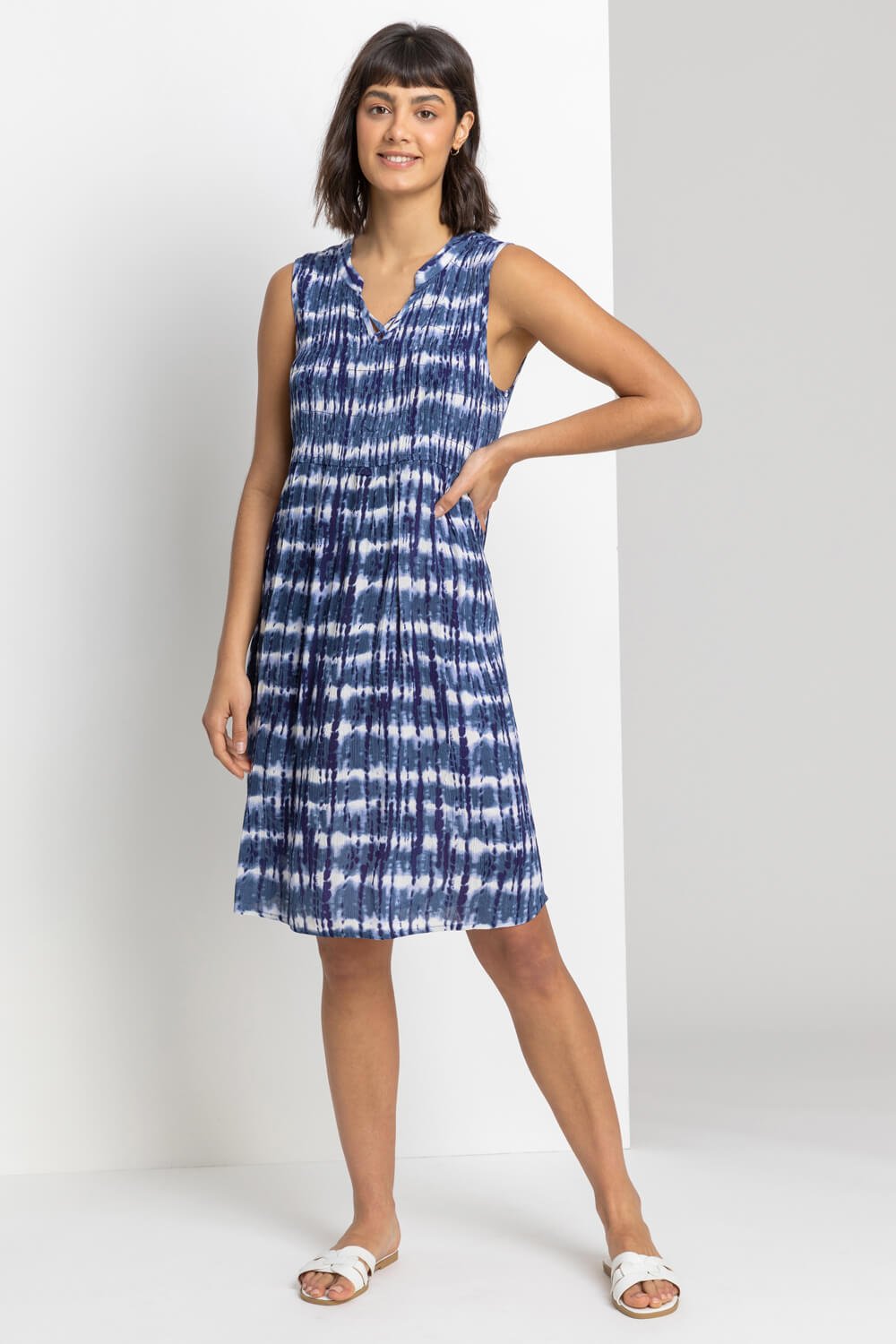 Navy  Tie Dye Print Crinkle Swing Dress, Image 3 of 4