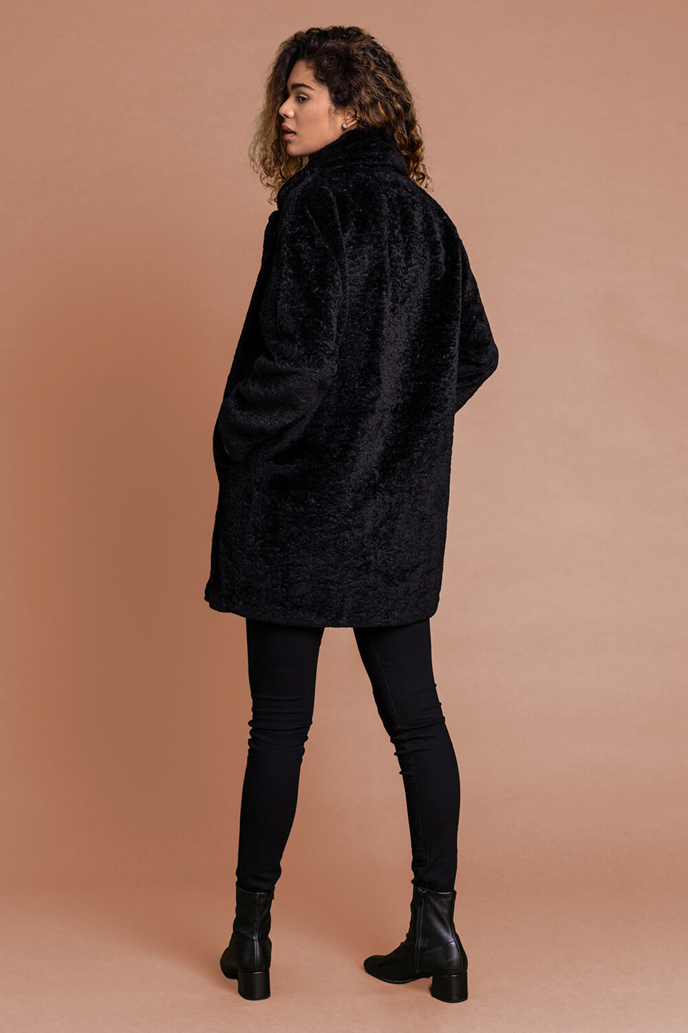 Black Textured Faux Fur Teddy Coat, Image 2 of 5