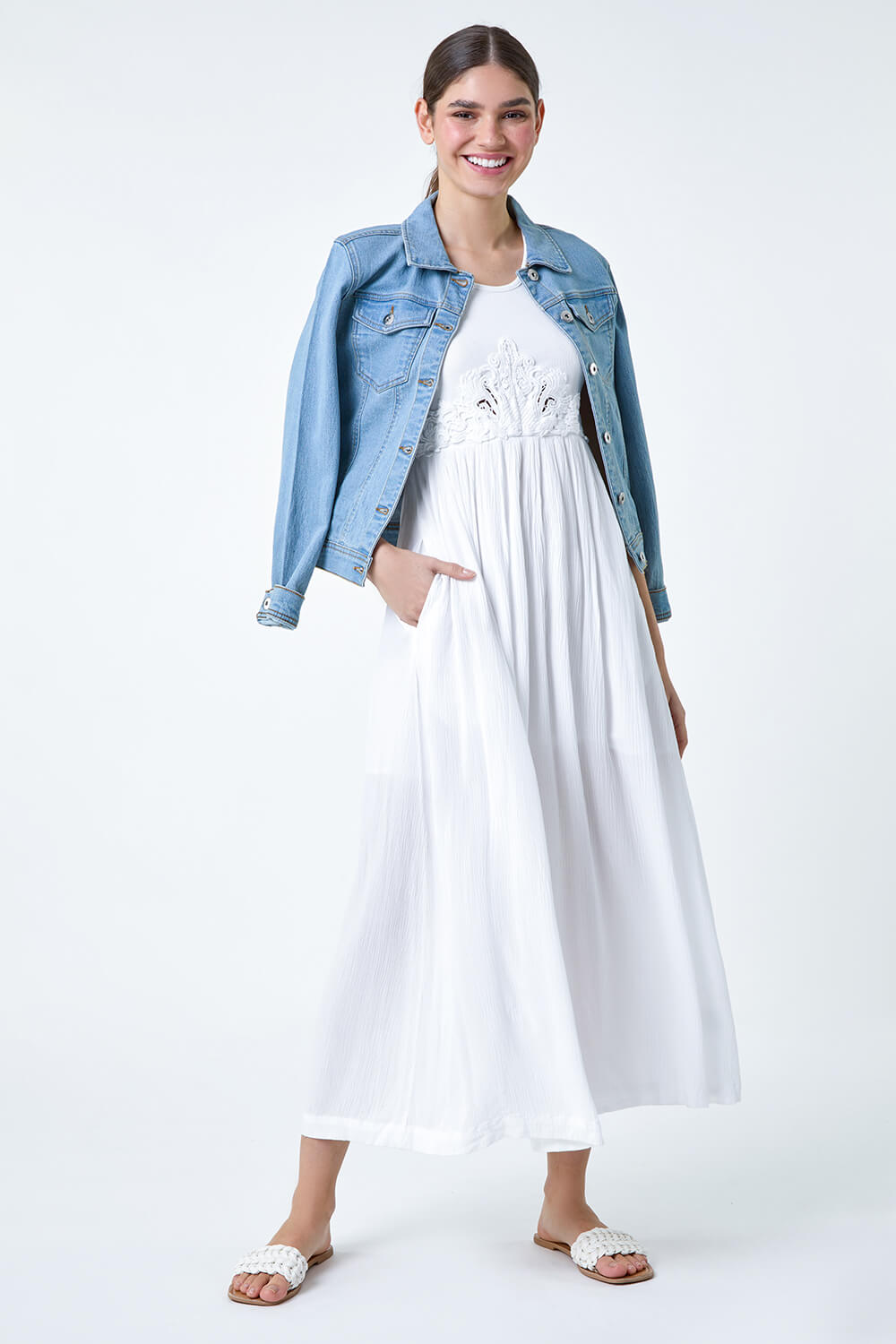 White Cotton Blend Lace Detail Midi Dress | Roman UK