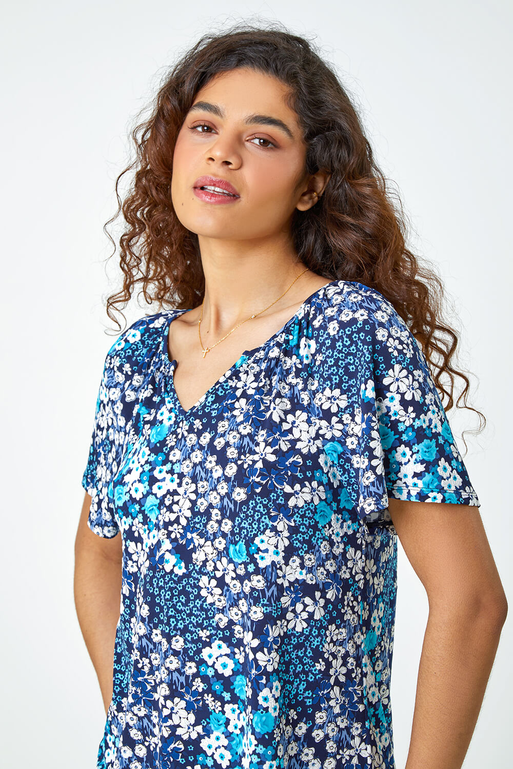 Blue Textured Floral Print Stretch T-Shirt | Roman UK