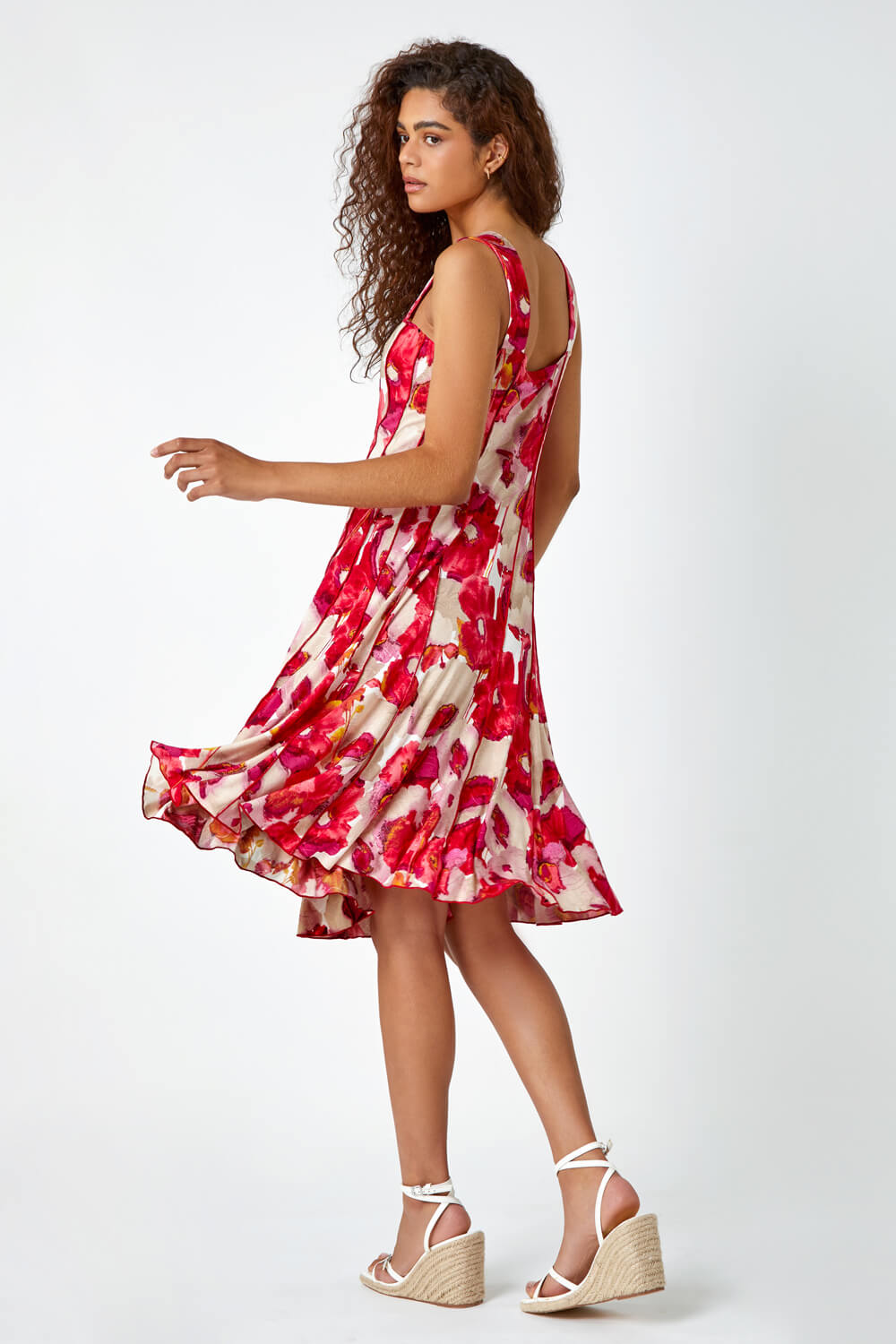 Red Floral Printed Panel Dress, Image 3 of 6