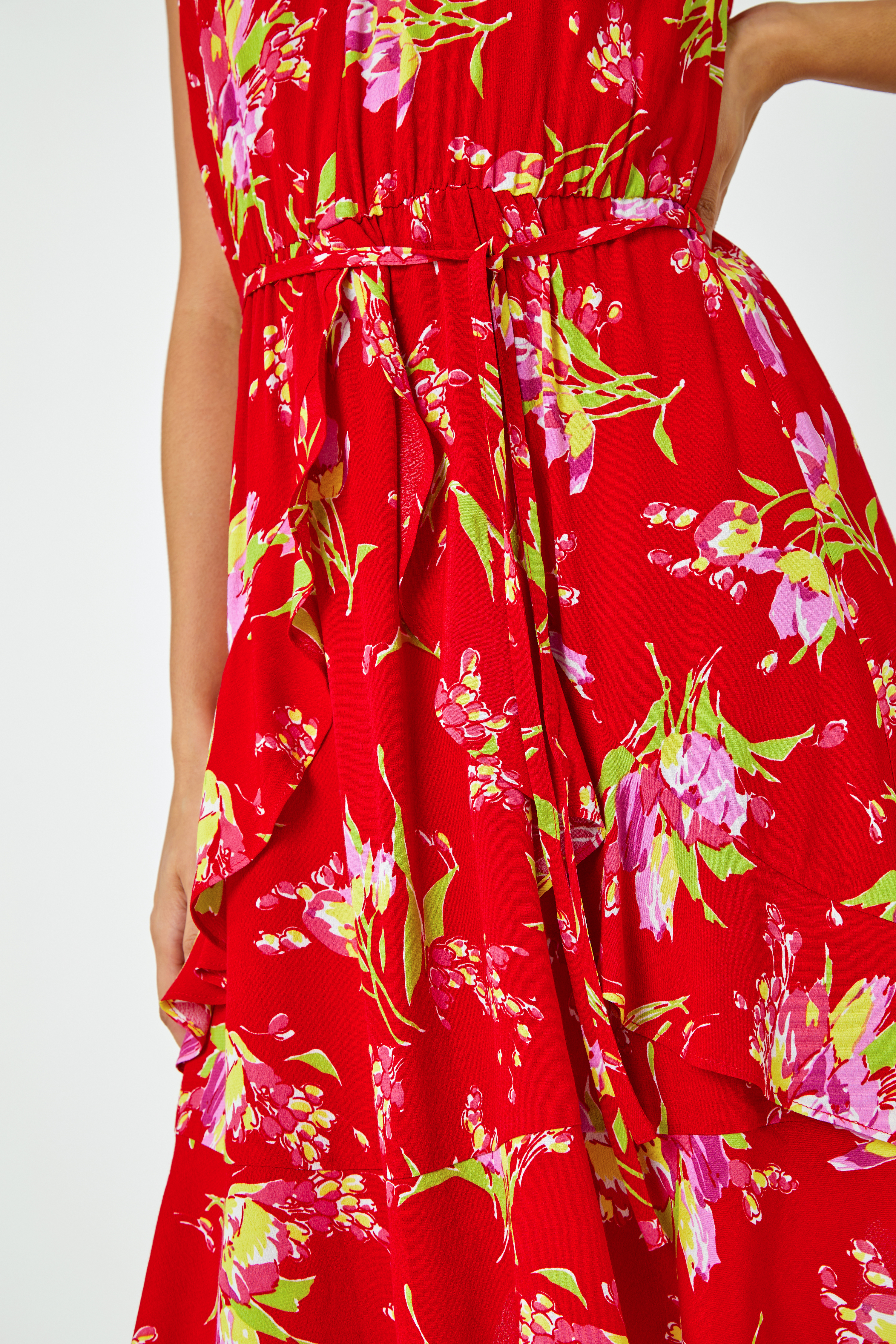 Red Floral Frill Detail Fit & Flare Dress, Image 5 of 5