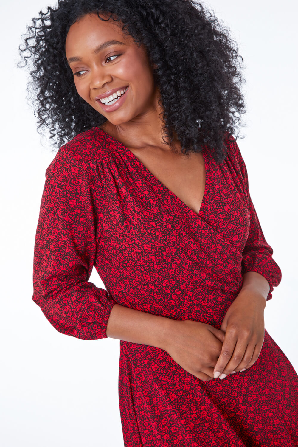 Red Petite Floral Print Wrap Dress, Image 4 of 5