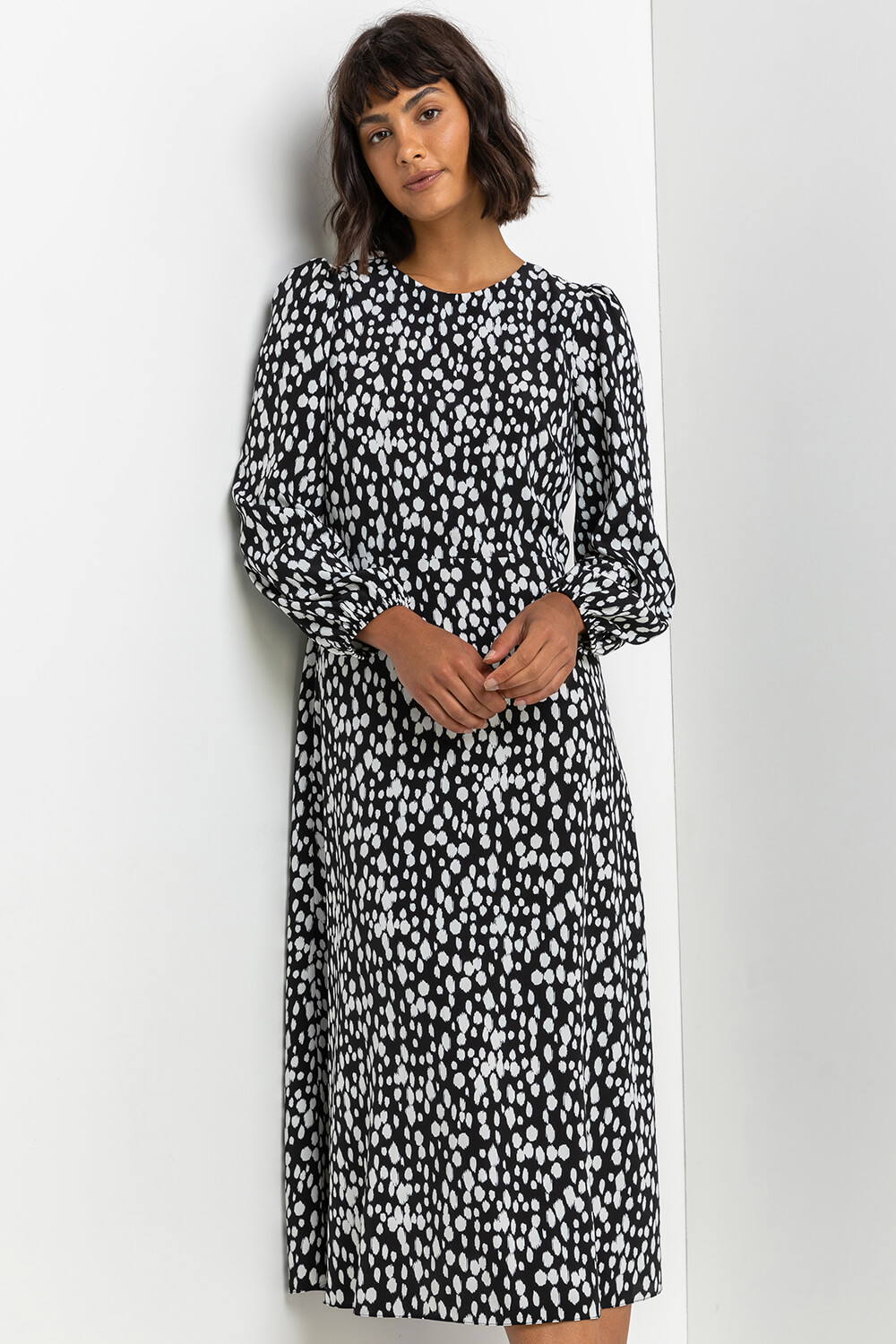 Black Spot Print Midi Dress, Image 4 of 5