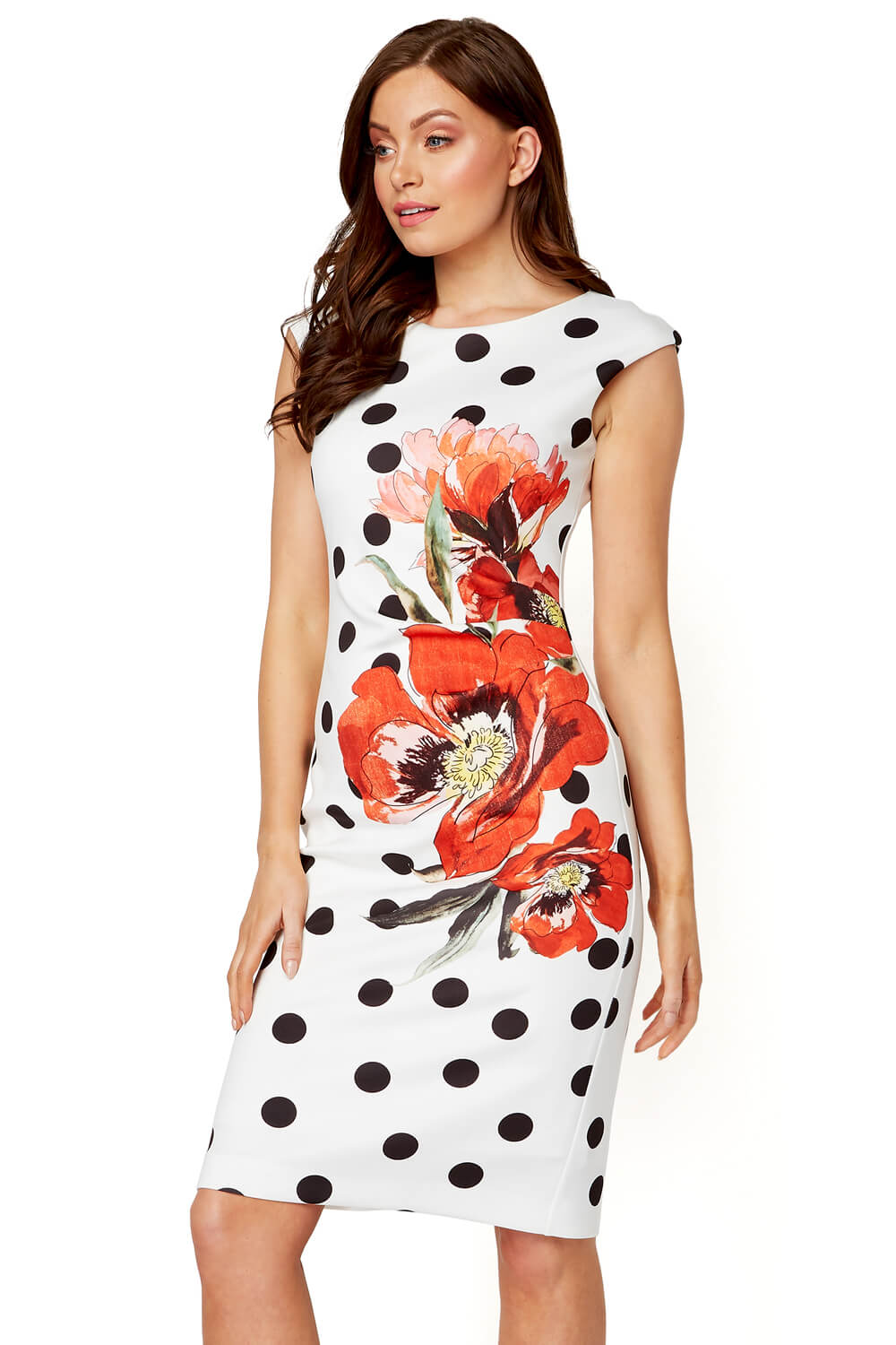 Red Spot Floral Print Premium Stretch Dress, Image 2 of 5