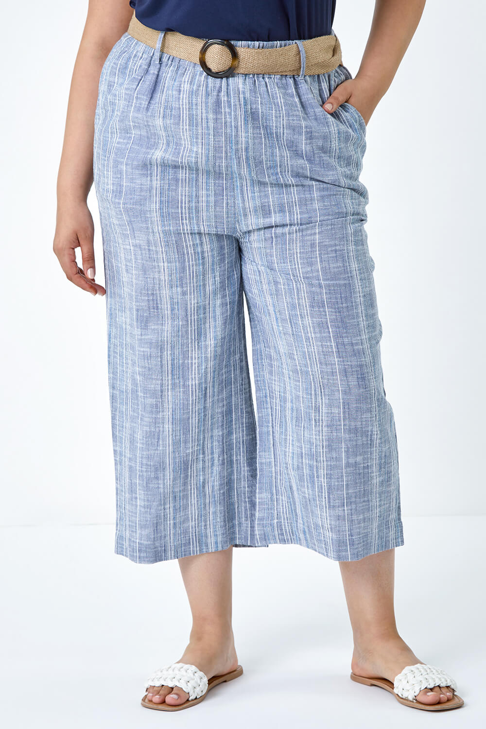 Blue Curve Cotton Stripe Belted Crop Trousers, Image 4 of 5