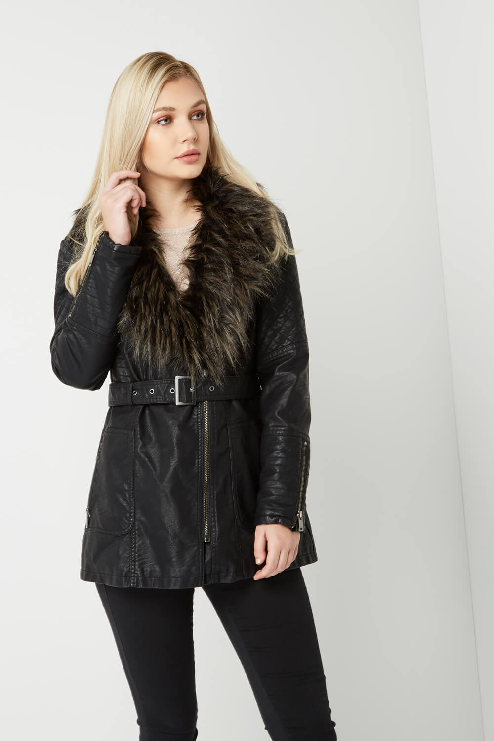 Faux Fur Trim Leather Coat in Black - Roman Originals UK