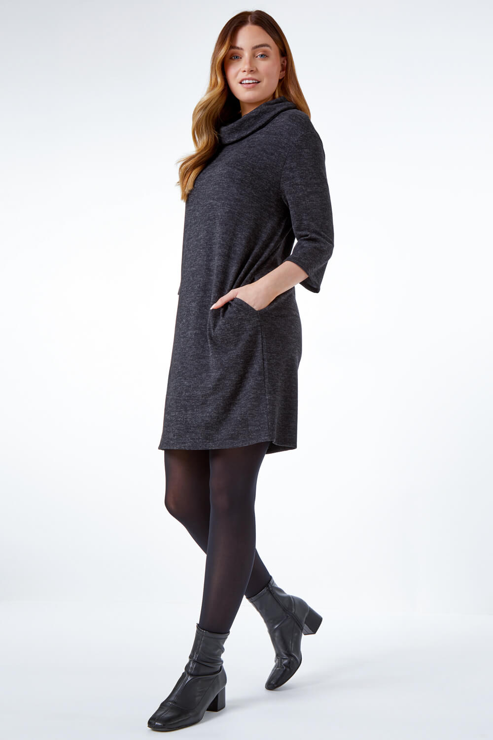 Grey Oversized Cowl Neck Textured Dress, Image 2 of 5