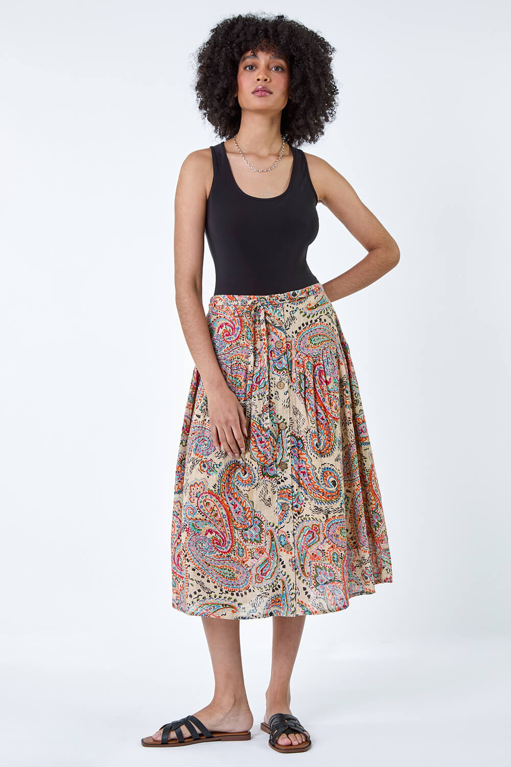 Multi  Cotton Paisley Boho A Line Midi Skirt, Image 2 of 5