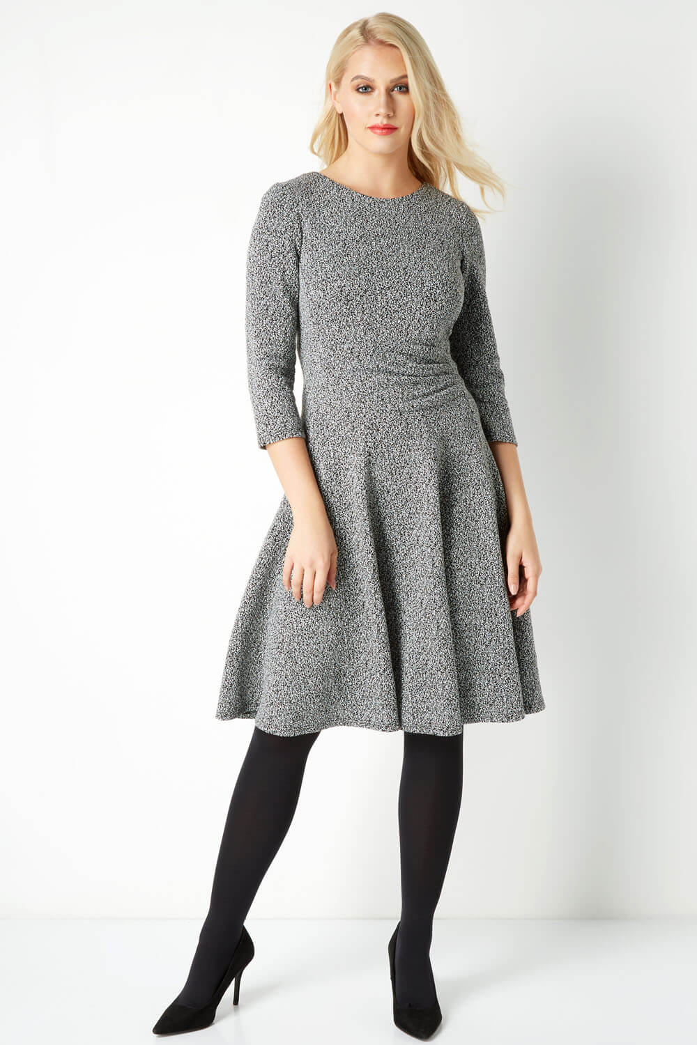 Fit and Flare 3/4 Sleeve Dress in Grey - Roman Originals UK