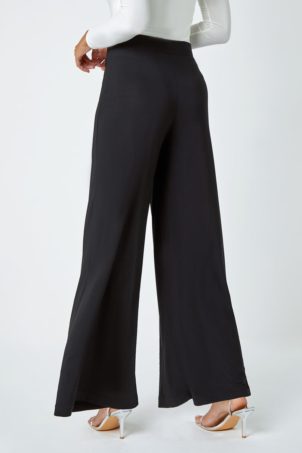 Black Wide Leg Stretch Trousers, Image 3 of 6