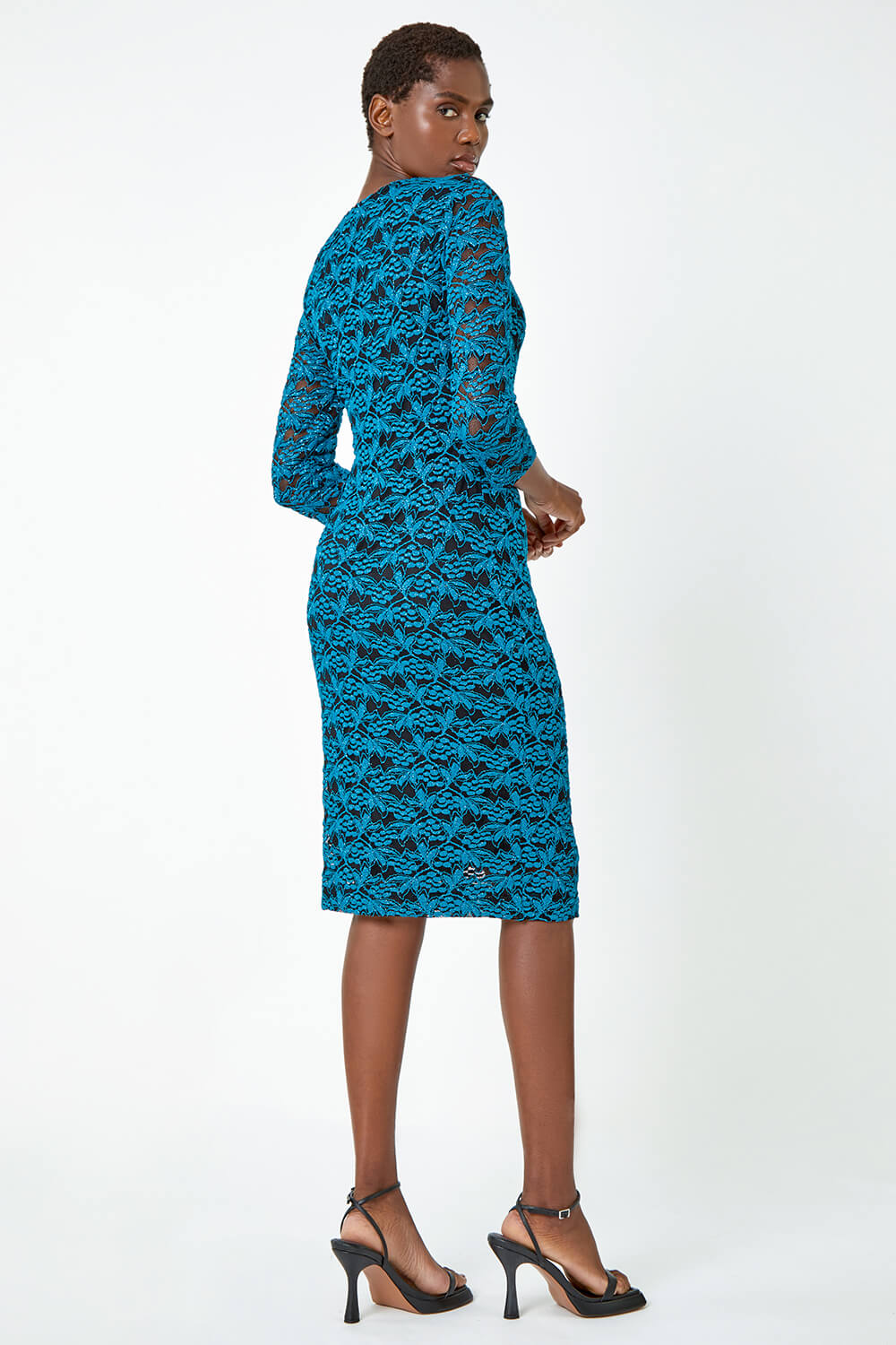 Teal Glitter Lace Ruched Shift Stretch Dress , Image 4 of 6