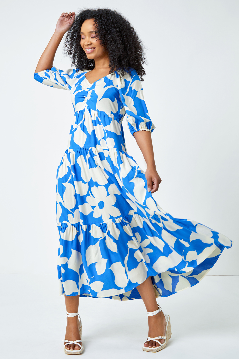 Blue Petite Floral Print Tiered Maxi Dress, Image 3 of 6