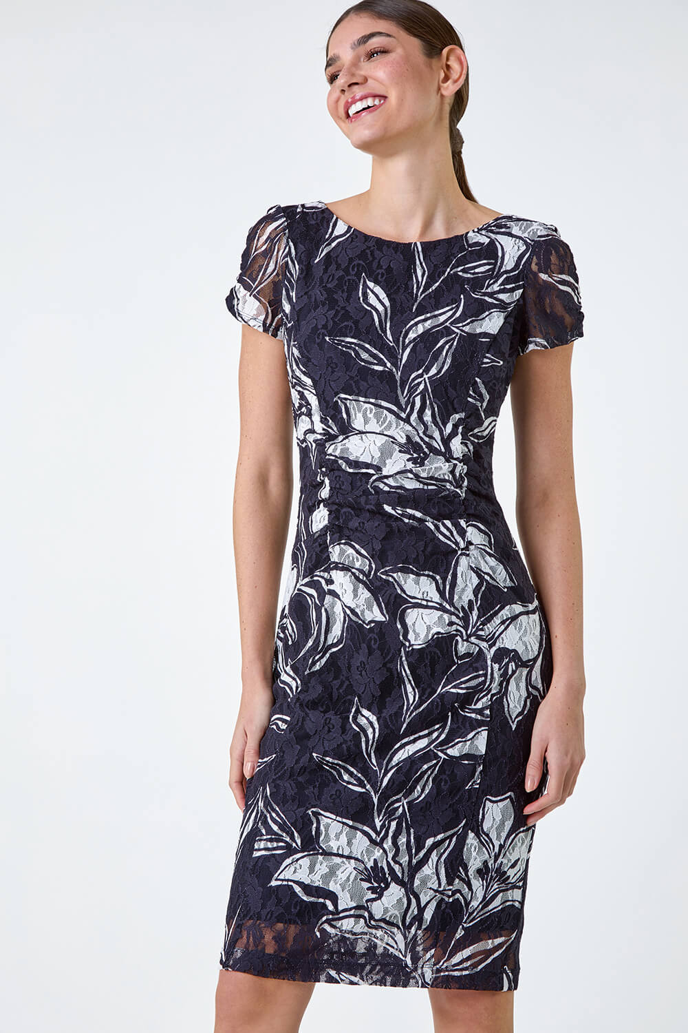 Navy  Floral Print Lace Stretch Dress, Image 2 of 5