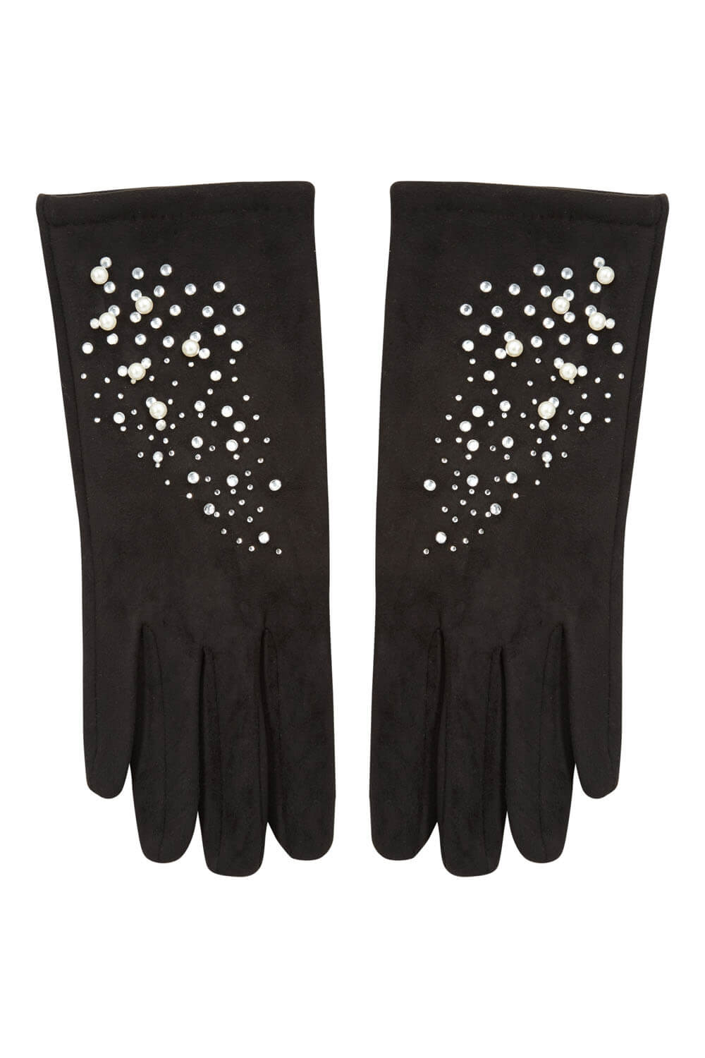 Black Suedette Diamante Gloves, Image 2 of 4