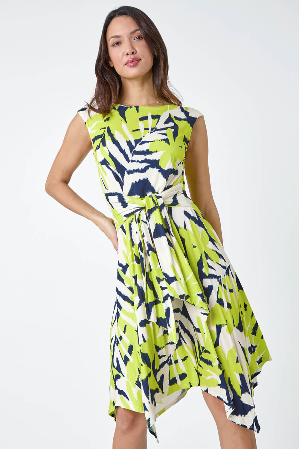 Lime Leaf Print Tie Waist Hanky Hem Dress, Image 1 of 5