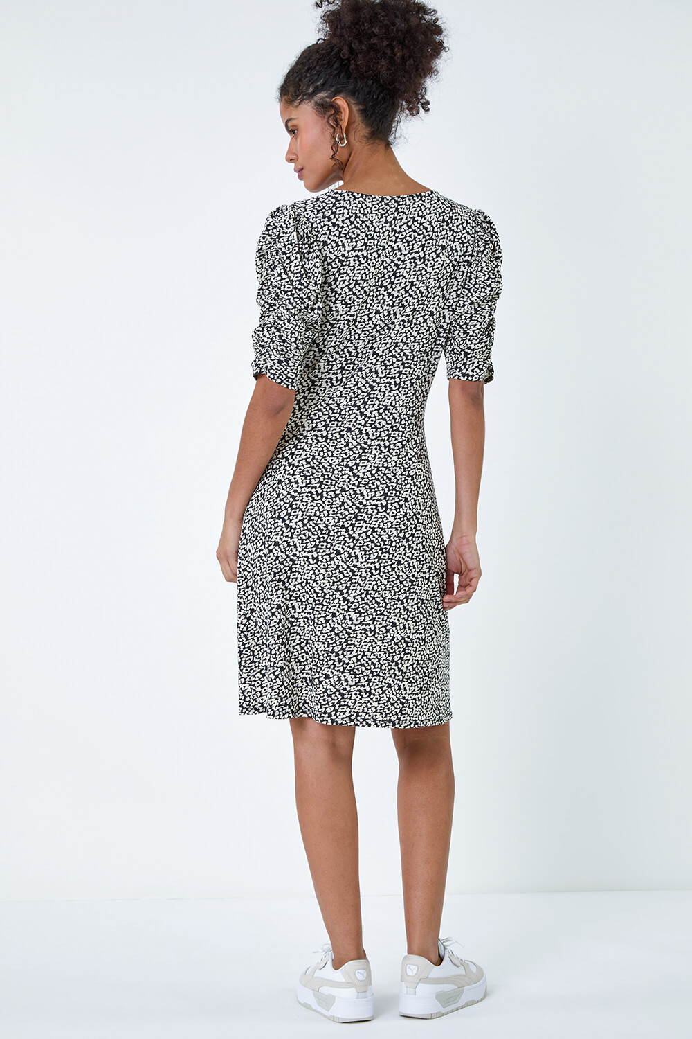 Black Ditsy Floral Ruched Puff Sleeve Dress, Image 3 of 5