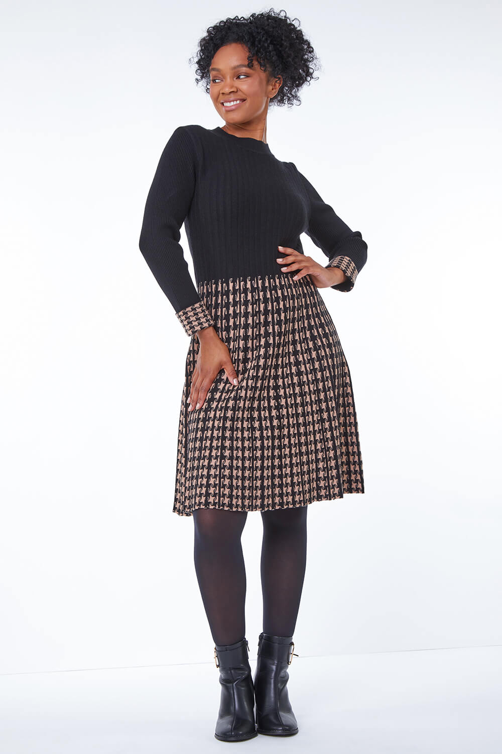 Black Petite Contrast Knitted Jumper Dress, Image 2 of 5
