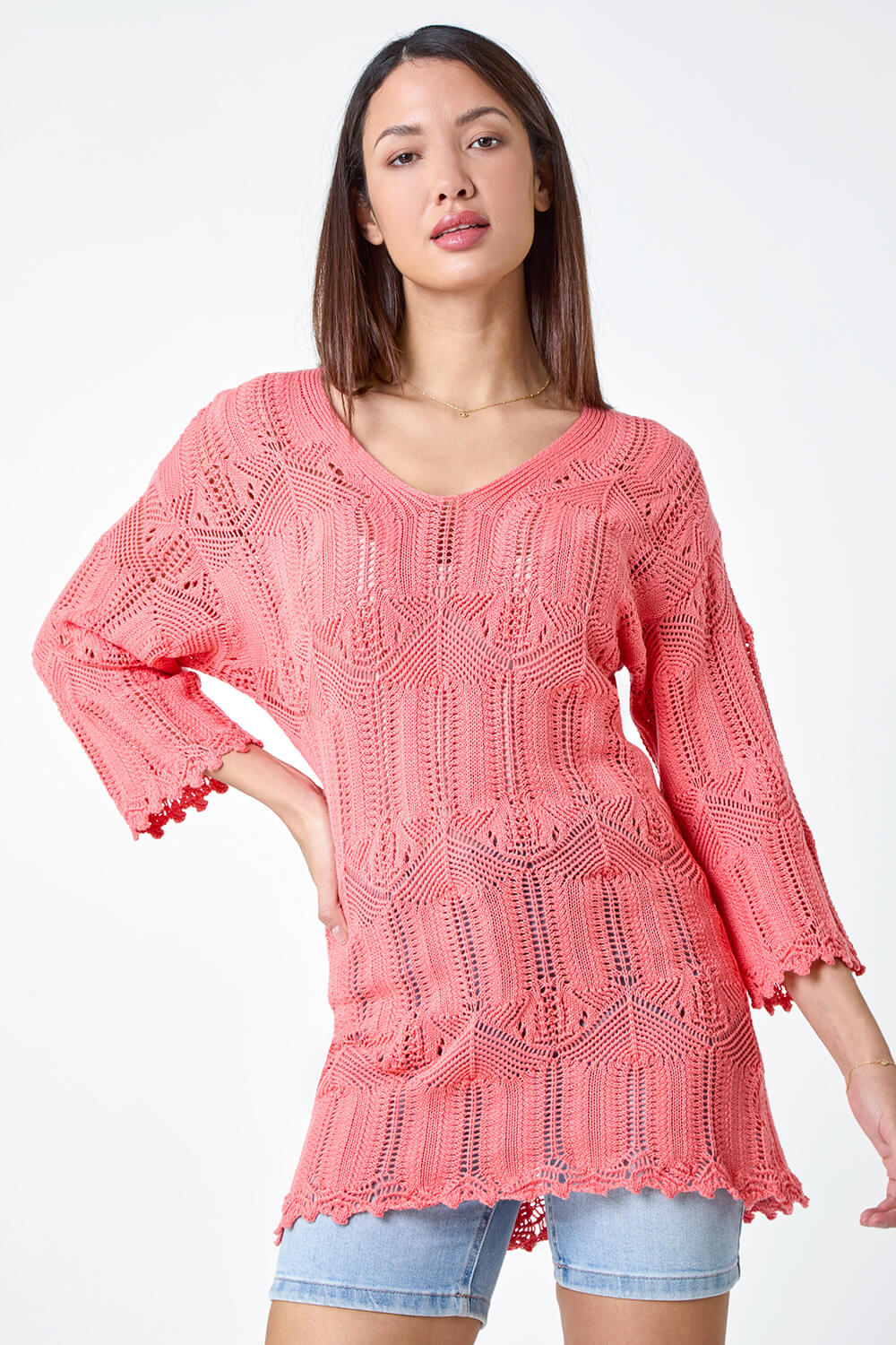 CORAL Open Knit Cotton Blend Tunic Top, Image 2 of 5