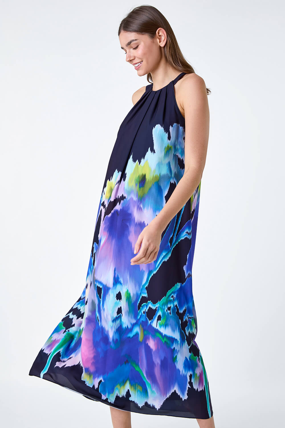 Navy  Abstract Floral Pleat Detail Trapeze Dress, Image 2 of 5