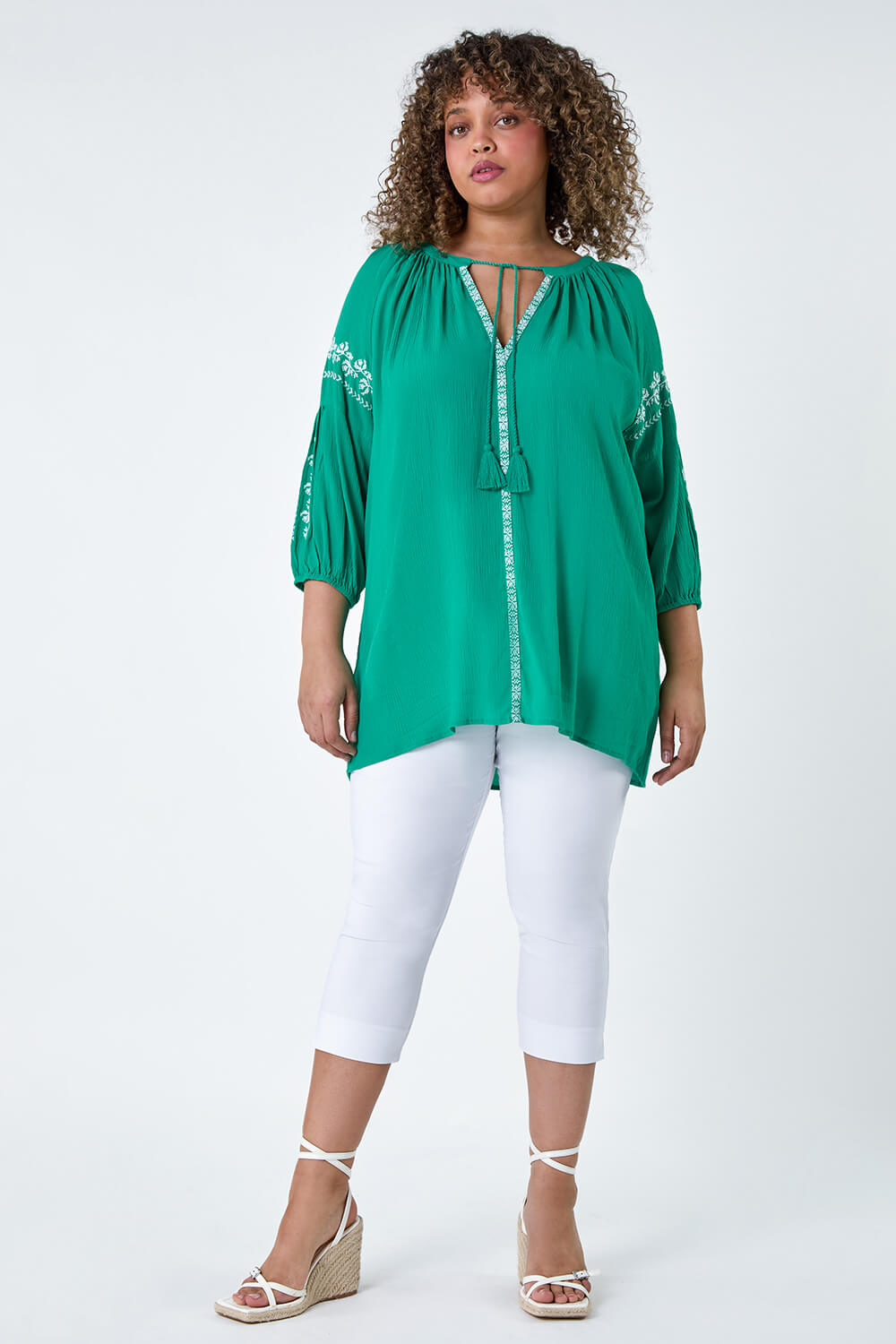 Turquoise Curve Tie Neck Embroidered Smock Top, Image 2 of 5