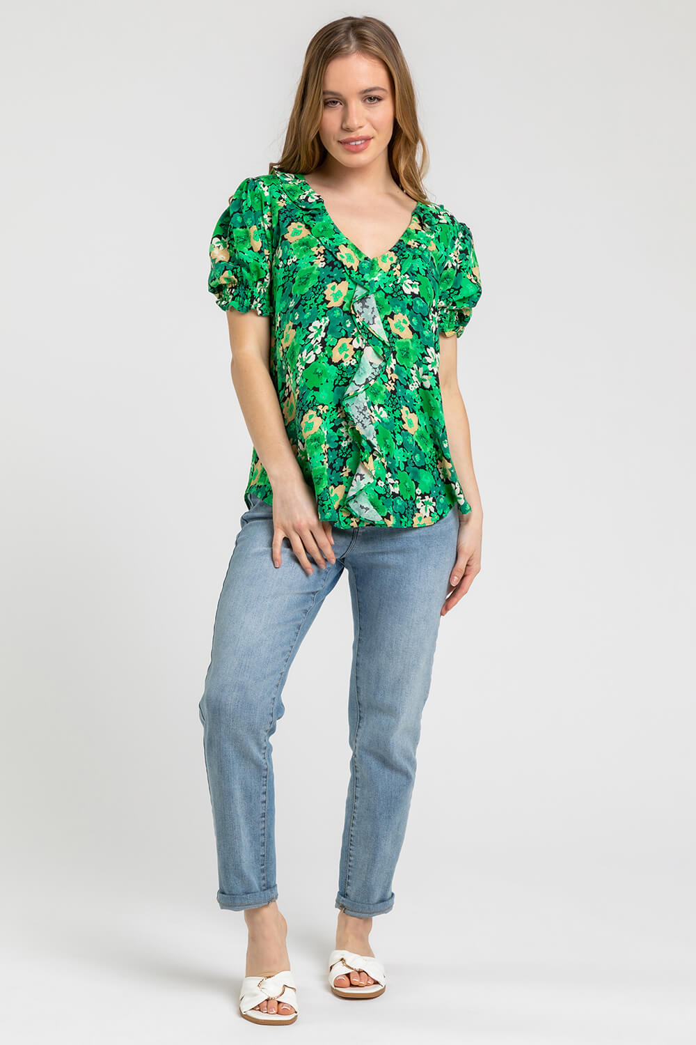 Green Petite Floral Print Frill Detail Top, Image 3 of 4